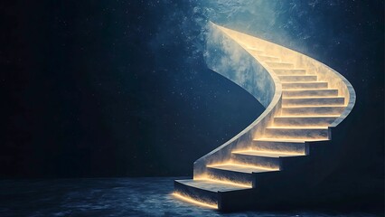 A glowing spiral staircase ascending into a mysterious, dark realm, illuminated from within