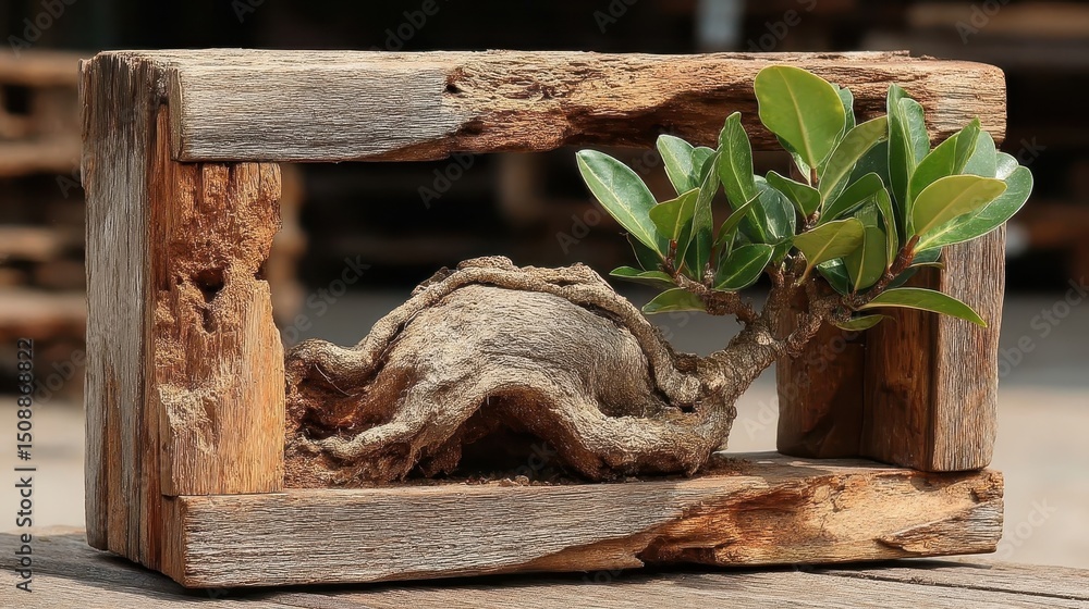 Poster bonsai tree framed by rustic wooden beams creating a warm and charming atmosphere in a cozy setting