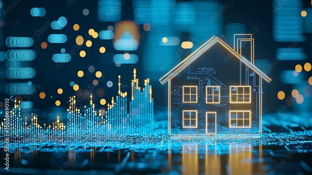 Poster an illuminated house model is set against a background of digital circuits and data. this image illu