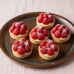 Elegant mini strawberry tarts filled with cream and topped with fresh strawberries and edible flowers, perfect for gourmet dessert displays.
