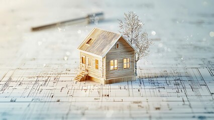 A miniature wooden house sitting on a digital surface with a blurred pen and a small tree behind it, representing concepts like real estate, homeownership, and technology