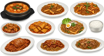 Korean Cuisine Table Set with Side Dishes and Kimchi