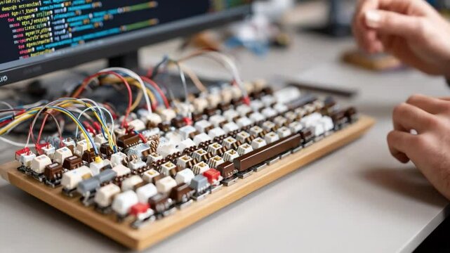 Keyboard's Code: A hands-on approach to programming, showcasing the intricacies of a custom keyboard and lines of coding on the screen.