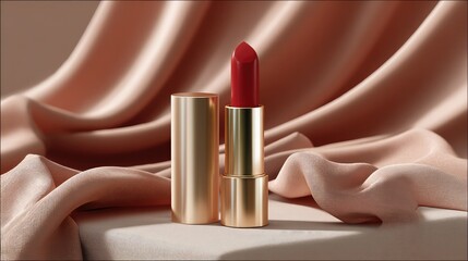 Luxury and Glamour: An elegant lipstick, presented against a backdrop of flowing silk, embodying the essence of sophistication and beauty.