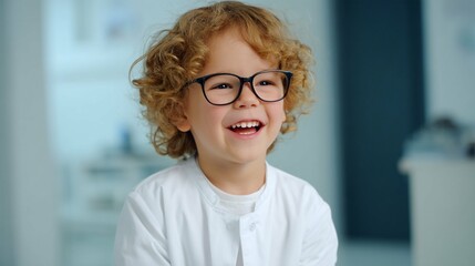 Fototapeta premium Young boy with curly hair and glasses enjoys joyful moments of laughter in a cozy indoor setting, brightening the atmosphere around him