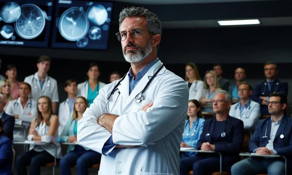 Doctor presents complex case study during medical conference in auditorium