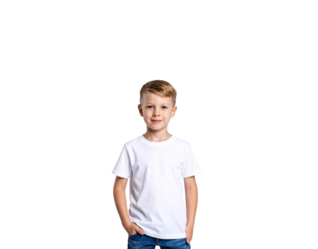 Smiling Blond Boy in White TShirt with Hand in Pocket Portrait (1)