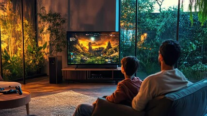 Father and son watching television, playing video game in living room at home. - Powered by Adobe