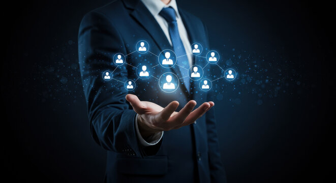 Networking man presents social connections in digital illustration on open palm wearing business suit