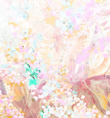 Beautiful design background.The painting is in the Impressionist style. Dabs of paint, a swirl of petals in the wind. Beautiful art design for your card, invitation, design. Watercolor, oil painting.