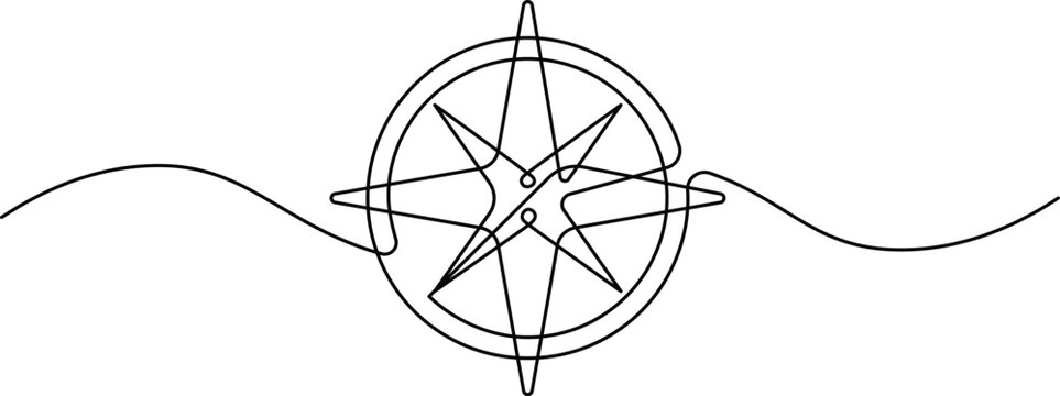 Compass in continuous line art drawing style. Minimalist black linear sketch isolated on white background. Navigation vector illustration