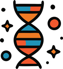 Colorful DNA strand with stars and dots, perfect for sciencethemed designs, medical illustrations, genetics concepts, and educational materials