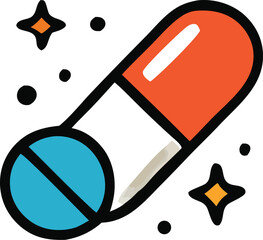 Cartoon pill with stars suitable for health blogs, wellness websites, medical presentations, pharmaceutical ads, childrens health resources, health products