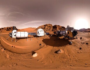 Martian landscape with habitat modules and lander
