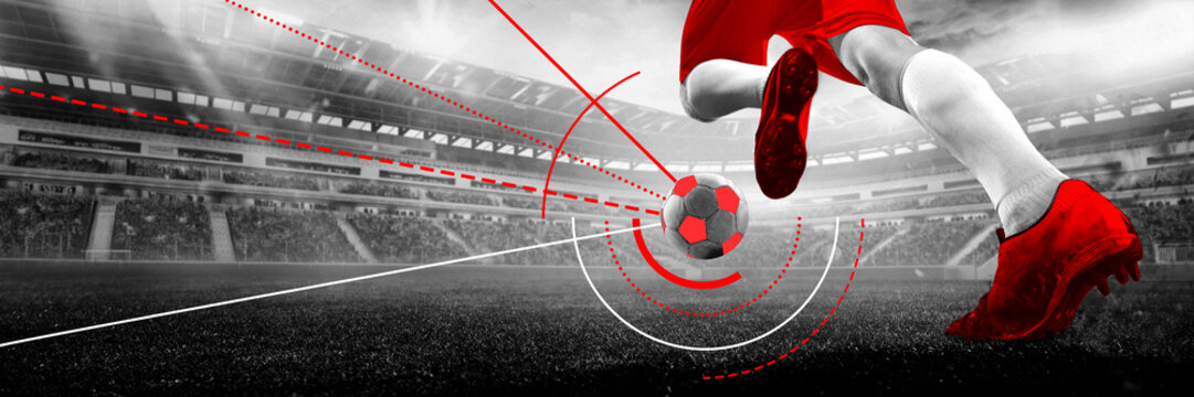 Soccer player jumps mid-air to kick ball with red cleats on stadium field with red interface lines. Conceptual art collage. Banner. Concept of professional sport, celebration, games, events - Powered by Adobe