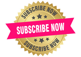 subscribe now. subscribe now round pink and gold label isolated on transparent background