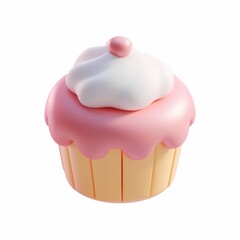3d cartoon icon. Minimalist cake cupcake with cream icon for game in isometric style on white background
