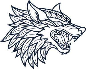 Obraz premium Fierce wolf head illustration in black outline aggressive animal mascot with sharp teeth, tribal for tattoo or logo design
