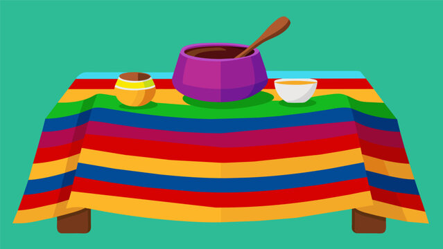 A brightly colored se used as a tablecloth during communal meals is displayed alongside a molinillo a wooden stirring tool used for frothing hot chocolate in Latin American homes.. Vector illustration