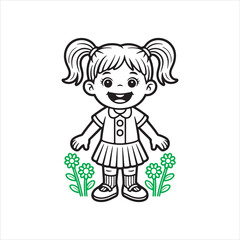 Happy Girl Outline Drawing,Smiling Girl Vector Art,Little Girl Coloring Page,Adorable Girl Line Art,Kid Girl Black and White Drawing,Girl with Pigtails Cartoon Style,Simple Girl Character Illustration