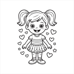 Happy Girl Outline Drawing,Smiling Girl Vector Art,Little Girl Coloring Page,Adorable Girl Line Art,Kid Girl Black and White Drawing,Girl with Pigtails Cartoon Style,Simple Girl Character Illustration