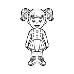 Happy Girl Outline Drawing,Smiling Girl Vector Art,Little Girl Coloring Page,Adorable Girl Line Art,Kid Girl Black and White Drawing,Girl with Pigtails Cartoon Style,Simple Girl Character Illustration