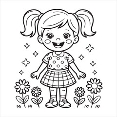 Happy Girl Outline Drawing,Smiling Girl Vector Art,Little Girl Coloring Page,Adorable Girl Line Art,Kid Girl Black and White Drawing,Girl with Pigtails Cartoon Style,Simple Girl Character Illustration