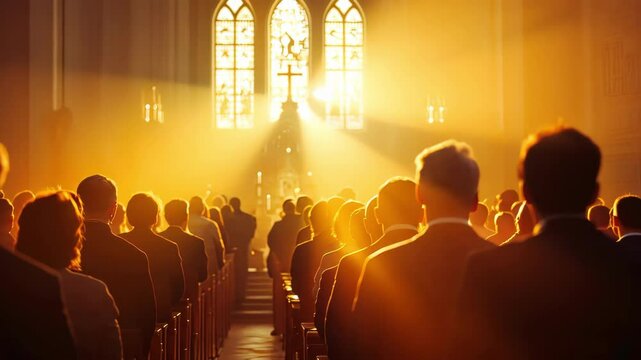 Diverse group of people in church pews with golden light, religion, spirituality, congregation, event, worship, ceremony.