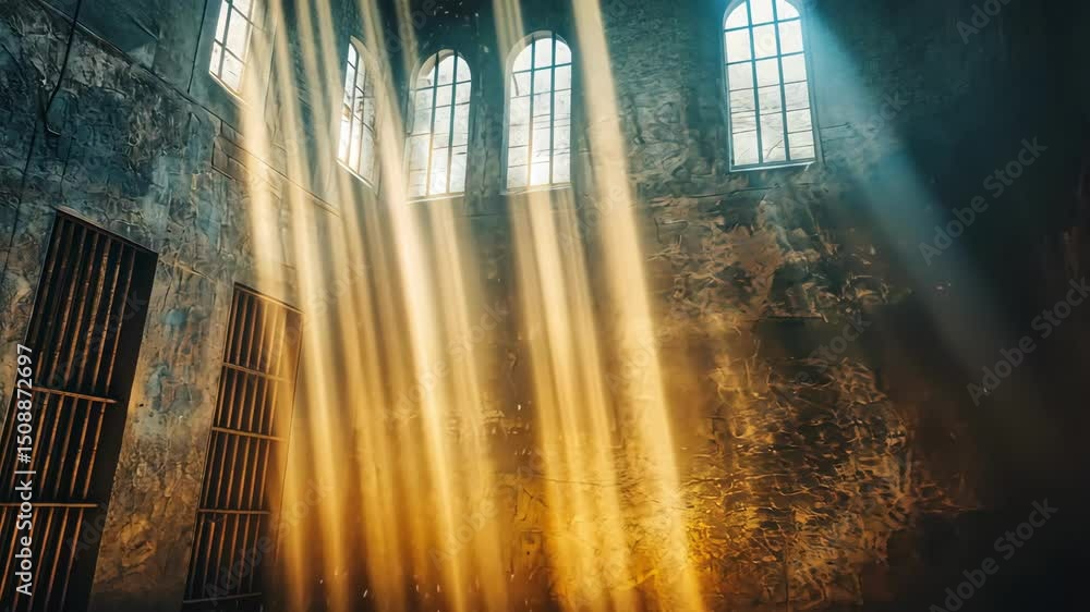 Poster dramatic sunlight streams into a stone room with barred windows, creating strong light and shadows w