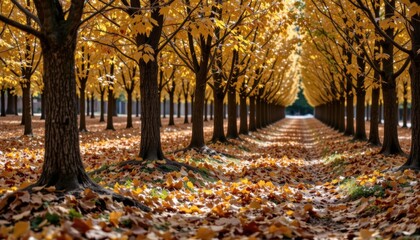 Fototapeta premium Lush Golden Autumn Trees Lining a Serene Path Covered with Fallen Leaves in a Forest