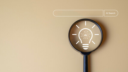 Magnifying glass with AI and light bulb icon, representing artificial intelligence search, innovation, technology discovery, and smart idea concepts.