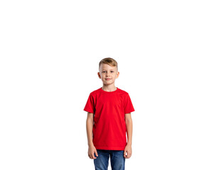 Fototapeta premium Smiling boy with blonde hair wearing a bright red tshirt and blue jeans