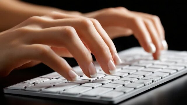Typing on Keyboard: Capturing the elegance of human hands gracefully interacting with technology, typing on a sleek keyboard, a visual symphony of communication and creativity.