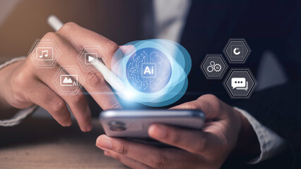 Hand using stylus on smartphone with AI interface, representing artificial intelligence, digital media creation, automation, and smart technology.