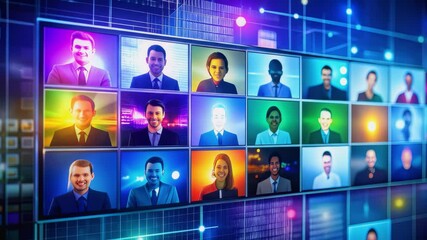 A glowing blue digital network of interconnected profiles on a screen, symbolizing remote team video call or virtual communication. Each icon represents a team member linked by lines of connection. - Powered by Adobe