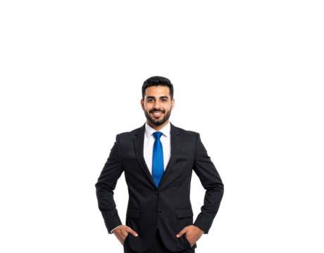Smiling businessman in a dark suit and bright blue tie hands in pockets