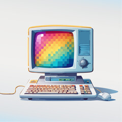 Retro Computer Illustration Vintage PC with Colorful Pixel Art Display