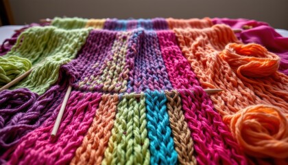 Colorful Knitting Project in Progress with Vibrant Yarn and Textured Patterns on Table