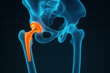 Artificial hip joint replacing damaged bone in x-ray view