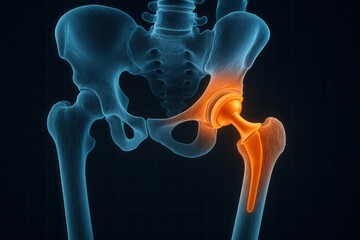Hip replacement surgery showing femur and artificial joint highlighted