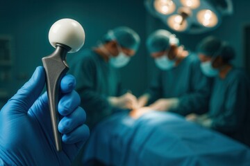 Surgeon holding hip prosthesis during surgery operation in operating room