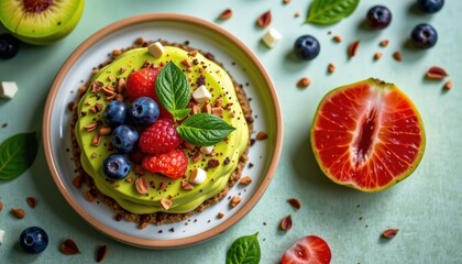 Vibrant Green Cake Topped with Fresh Berries and Mint Leaves on a Light Background