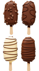Variety of Chocolate Ice Cream Bars with Toppings on White Background