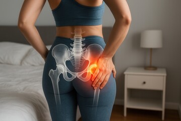 Woman suffering from hip pain at home: pelvic inflammation, sacroiliac joint pain