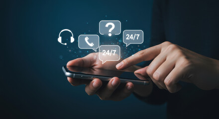 Obraz premium Customer Support 24/7: Hands on mobile phone indicate available help through calls, questions, and online assistance for all issues.