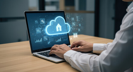 Fototapeta premium Cloud Computing: Man in his 30s uses laptop with cloud service graphic, signifying digital transformation and data storage innovation indoors.