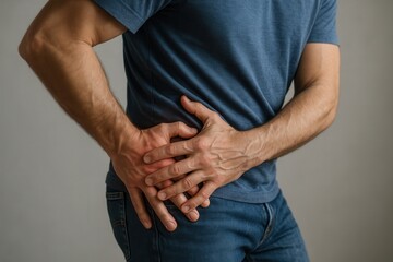 Man experiencing hip pain, holding his side