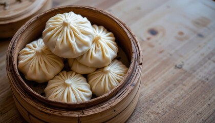 Steamed Dumplings Arranged Neatly in a Bamboo Steamer on a Wooden Surface