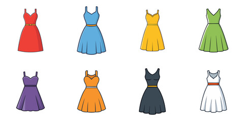 Multiple vector illustrations of dresses, outlines