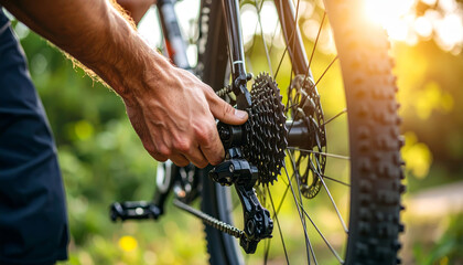 Closeup of hands fixing bike chain, adjusting greasy links on mountain bicycle gear in sunlight, showing maintenance and repair outdoors